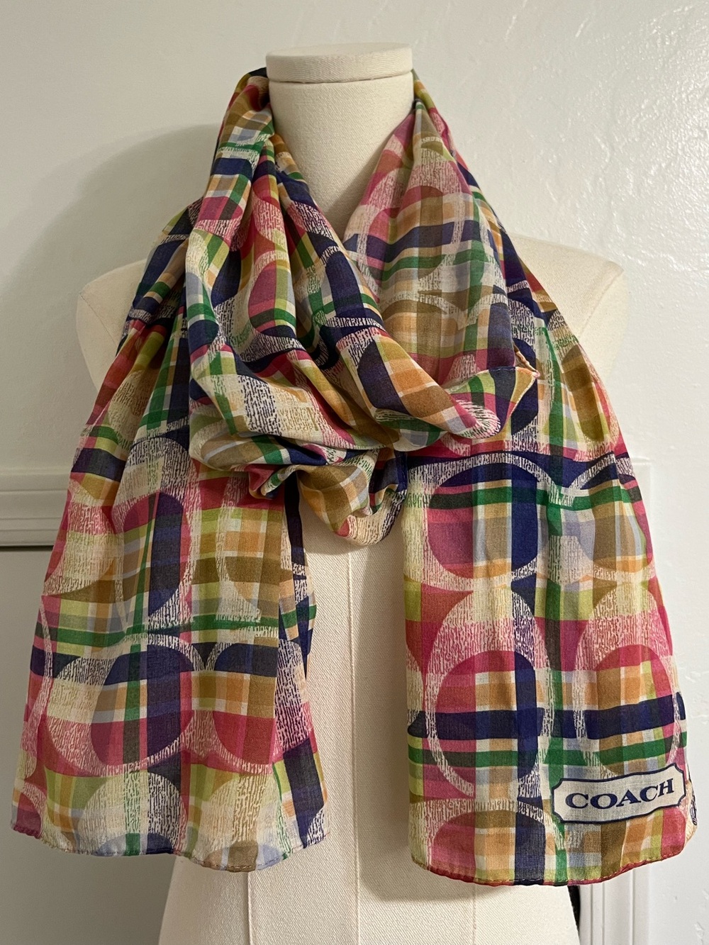 Coach Multi Signature Madras Plaid Stripe Oblong Wrap Scarf